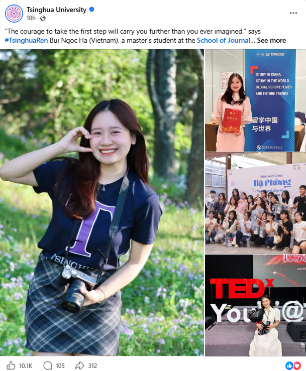 Bài đăng về nữ sinh Việt được đăng trên fanpage chính thức của Đại học Thanh Hoa (Trung Quốc) (Ảnh chụp màn hình)
