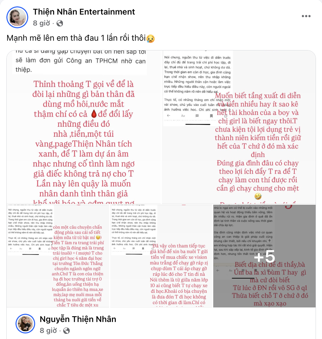 Tài khoản cá nhân của Thiện Nhân bất ngờ chia sẻ bài viết dài để đáp trả (Ảnh: Chụp màn hình)