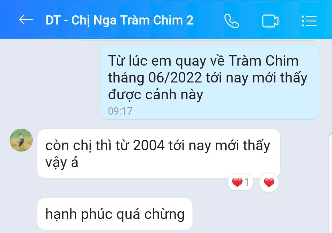 Tin nhắn của chị Nga - cán bộ bảo tồn Vườn Quốc gia Tràm chim được Tổ chức Quốc tế về Bảo tồn Thiên nhiên tại Việt Nam (WWF Vietnam) chia sẻ.
