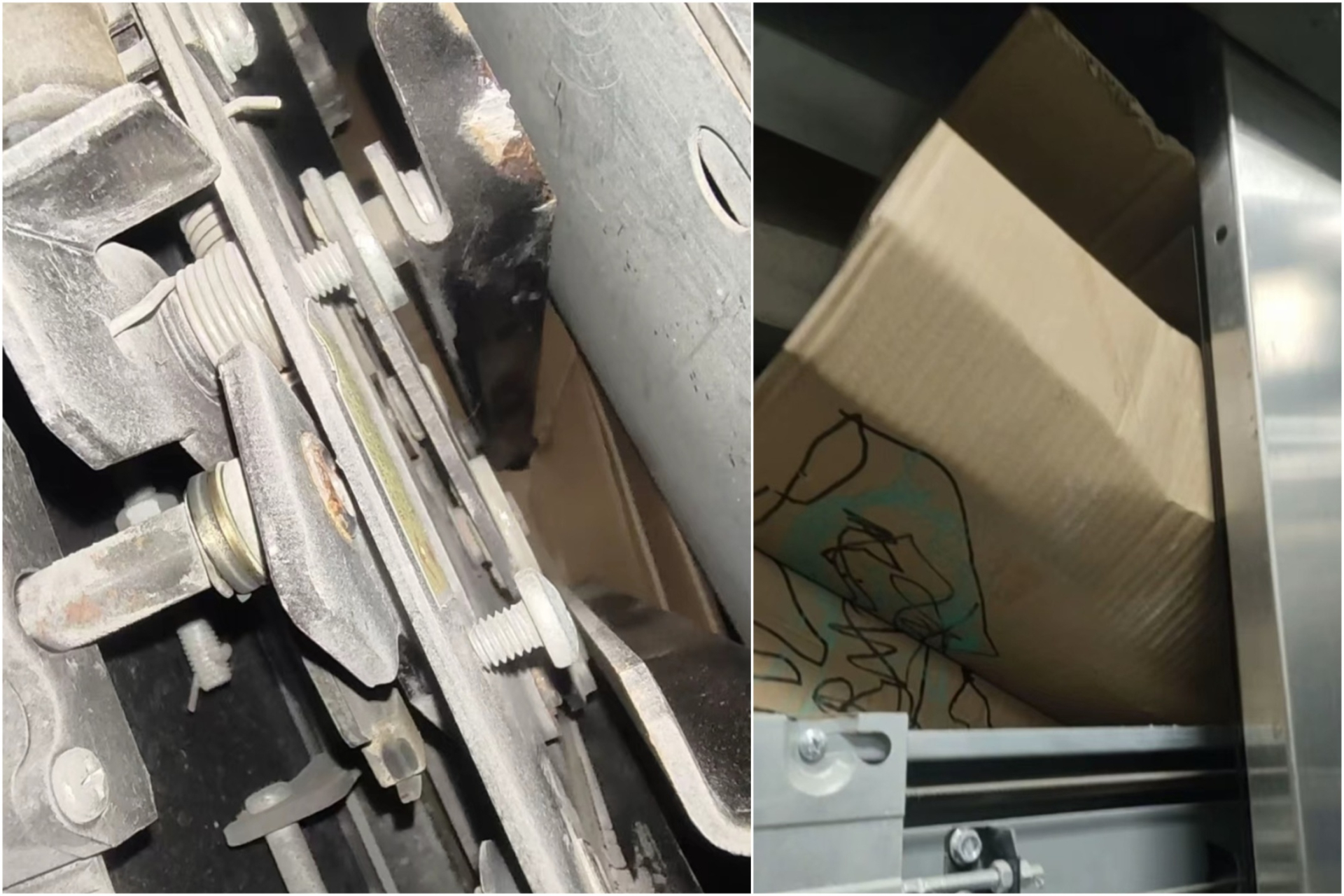 Hình ảnh những tấm bìa mắc kẹt dưới sàn thang máy