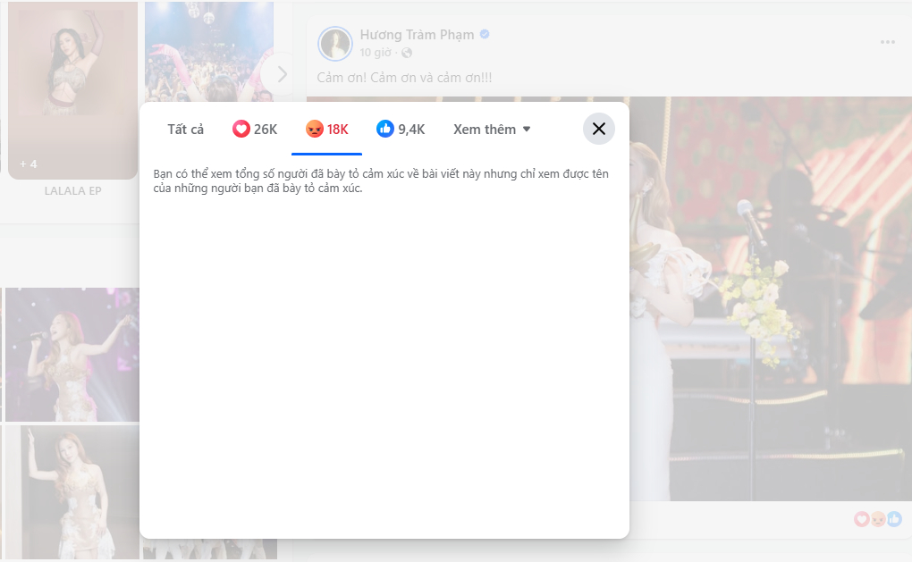 Bài đăng cảm ơn của Hương Tràm trên fanpage cá nhân ghi nhận hơn 18 nghìn lượt phẫn nộ chỉ sau một đêm (tính đến 11 giờ sáng ngày 16/4)