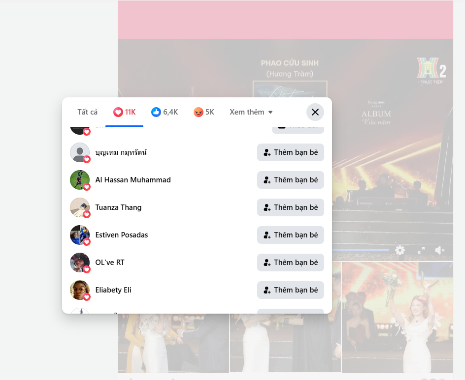 Nhiều tài khoản nước ngoài - chủ yếu có tên Ấn Độ, Châu Phi thả tim bài đăng nhận giải của Hương Tràm (ảnh cap màn hình)