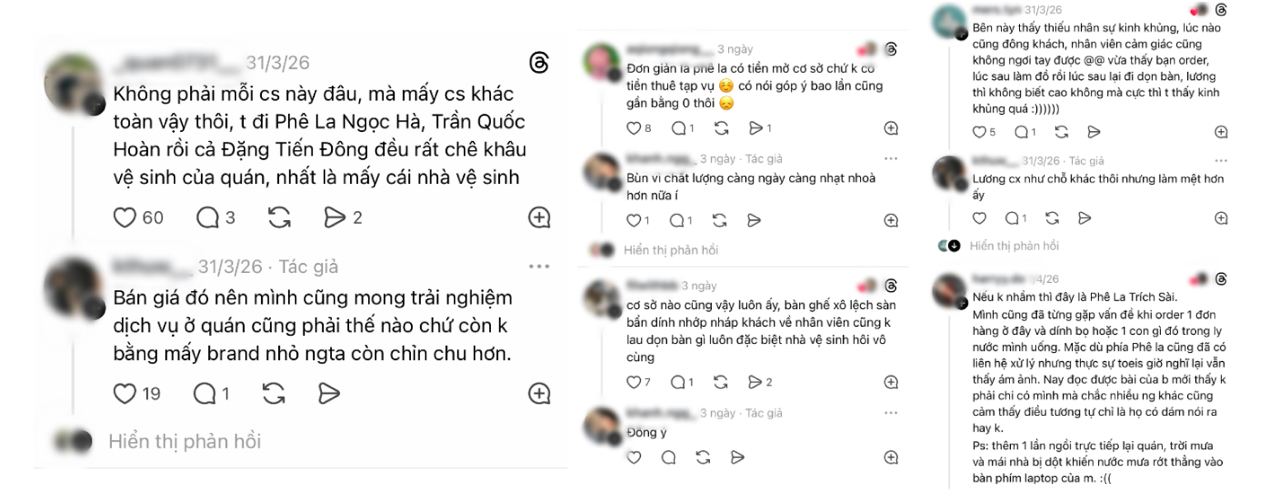   Những bài viết phàn nàn về tình trạng vệ sinh và trải nghiệm tệ khi tới Phê La xuất hiện liên tục trên MXH. Ảnh chụp màn hình  
