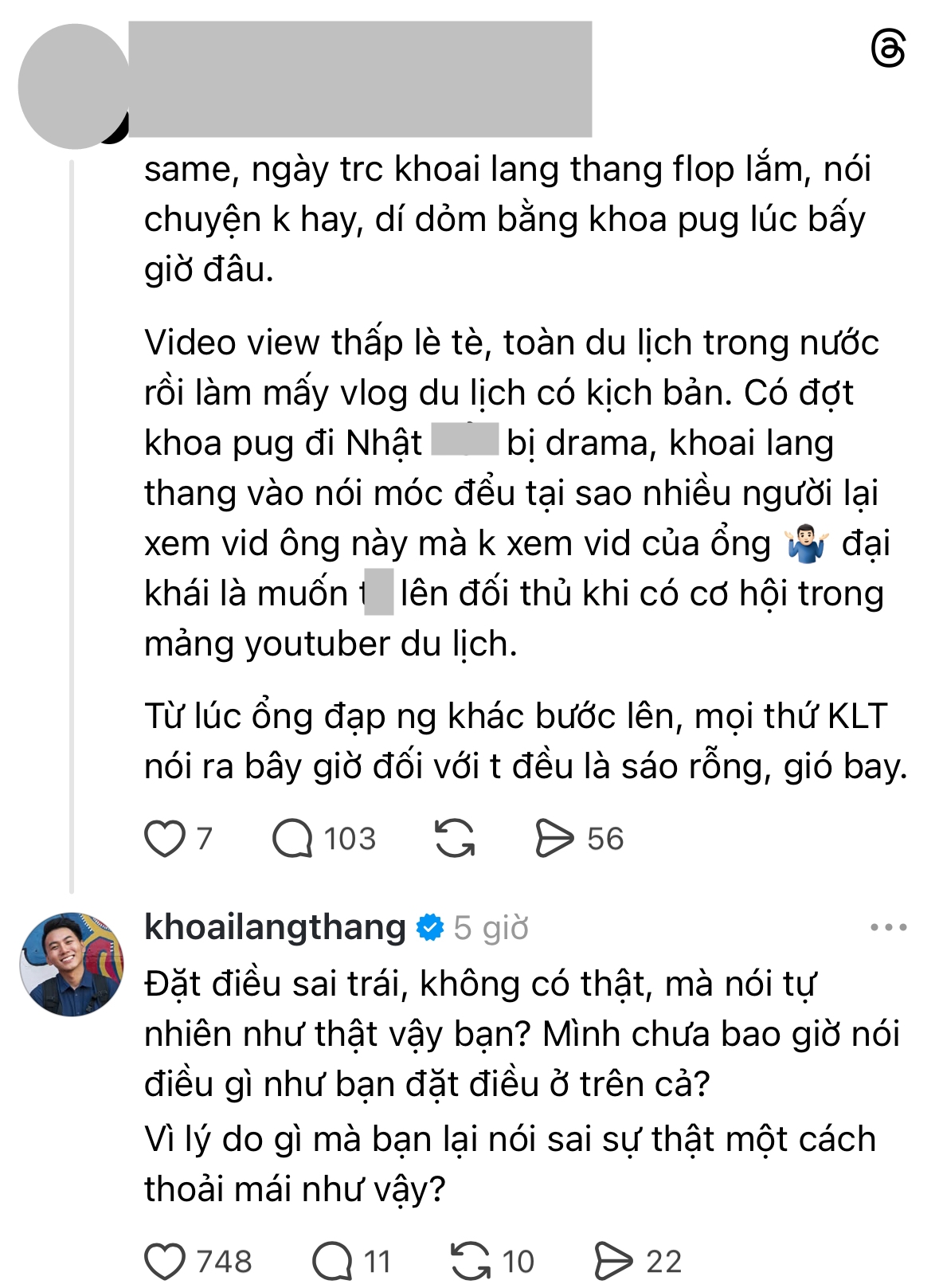 Khoai Lang Thang phản hồi bình luận. Ảnh chụp màn hình. 