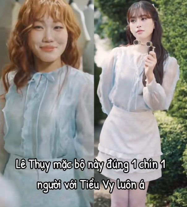 Lê Thụy diện thiết kế mà Tiểu Vy từng diện trước đó, bất ngờ trở thành đề tài so sánh của netizen. Nguồn: MXH