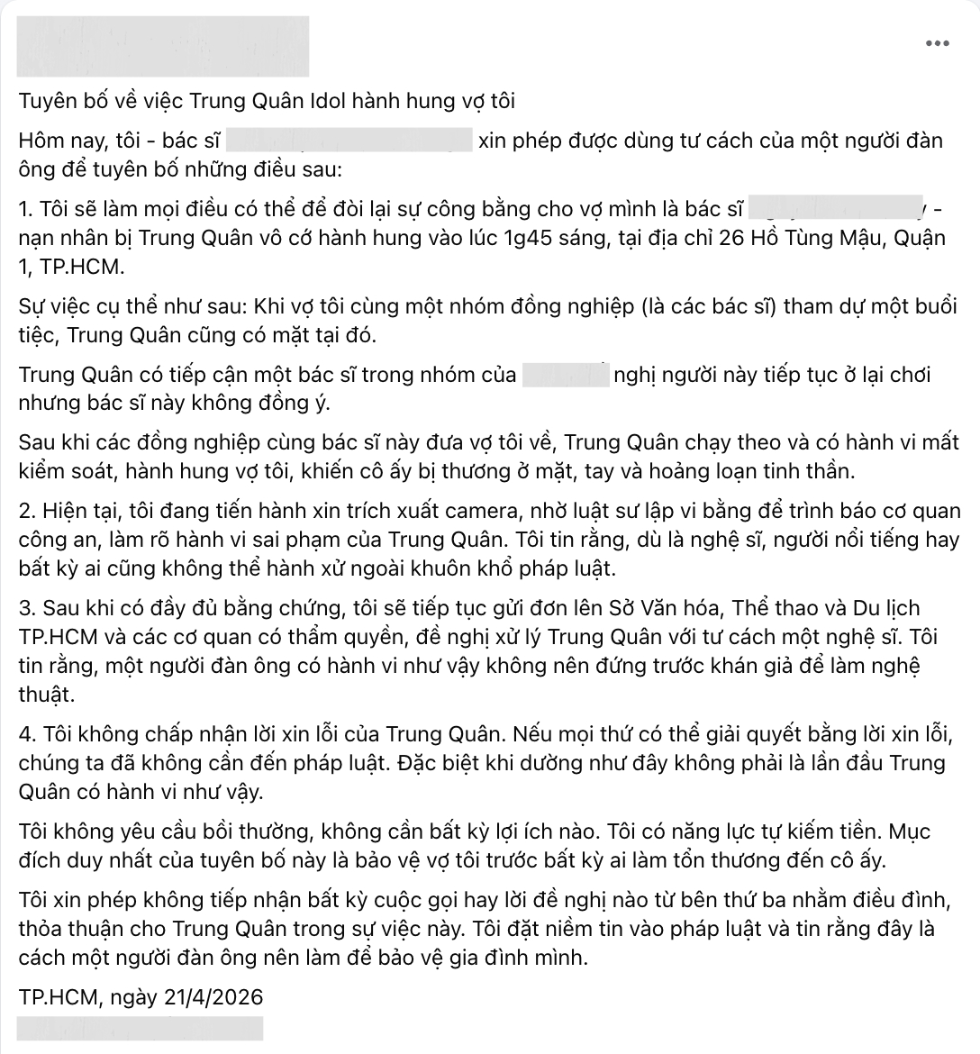 Bác sĩ Phạm Minh Trường thông tin về vụ việc giữa vợ và ca sĩ Trung Quân Idol 