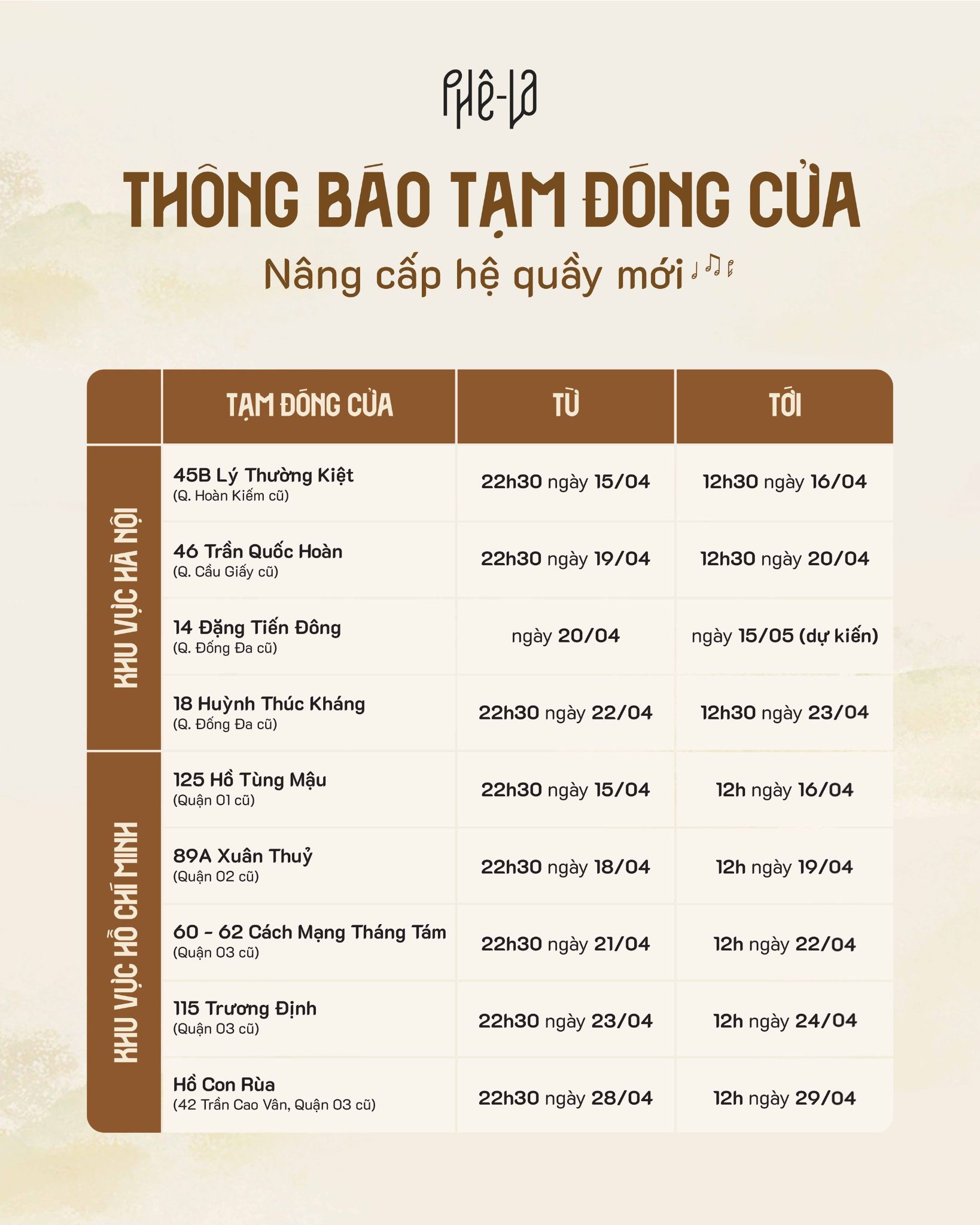 Bài đăng thông báo của Phê La vào ngày 24/4/2026.