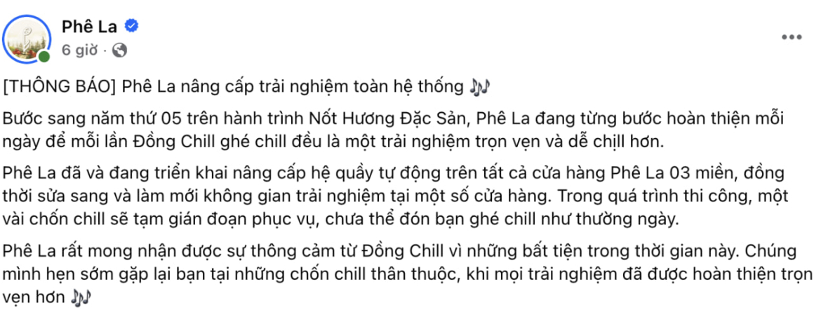  Phê La đóng cửa hàng loạt để nâng cấp hệ thống