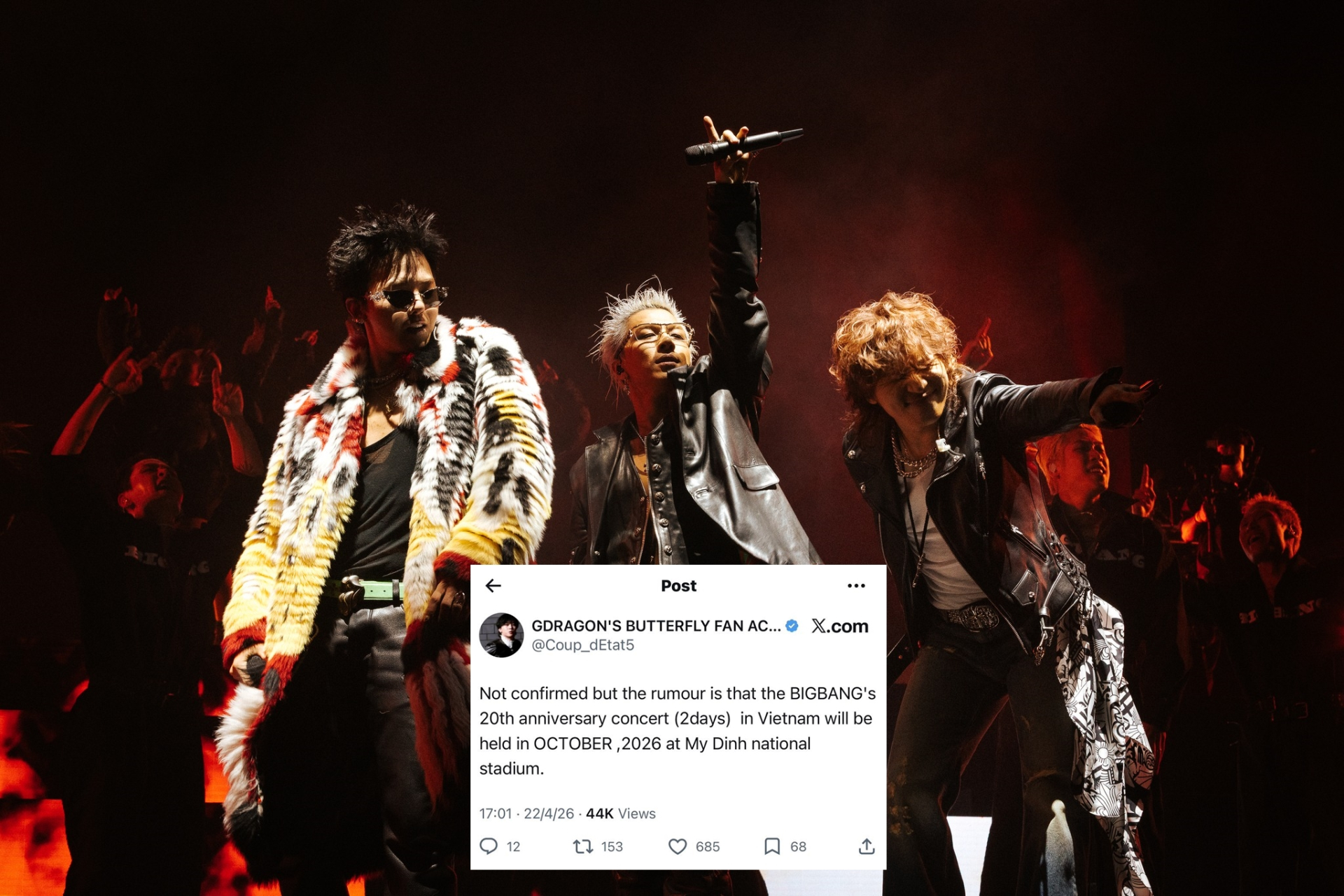  Cộng đồng fan quốc tế lan truyền thông tin về việc BIGBANG có thể biểu diễn 2 đêm tại Sân vận động Quốc gia Mỹ Đình vào tháng 10 tới