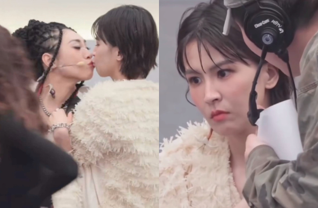 Tăng Bái Từ ôm hôn Chị Đẹp Đàm Đàm ngay trên sóng trực tiếp và bị nhân viên chương trình nhắc nhở, cấm skinship. Ảnh: Sina. 