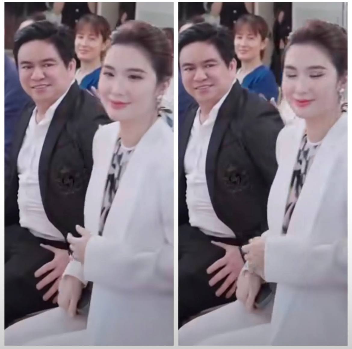 Cả hai ngồi cạnh nhau, vui vẻ khi bắt gặp ống kính 