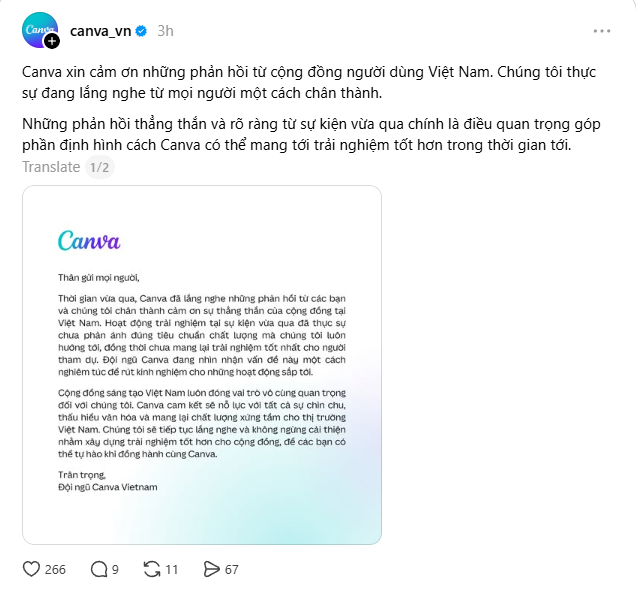 Phản hồi từ phía Canva Vietnam được đăng tải trên Threads (Ảnh chụp màn hình)