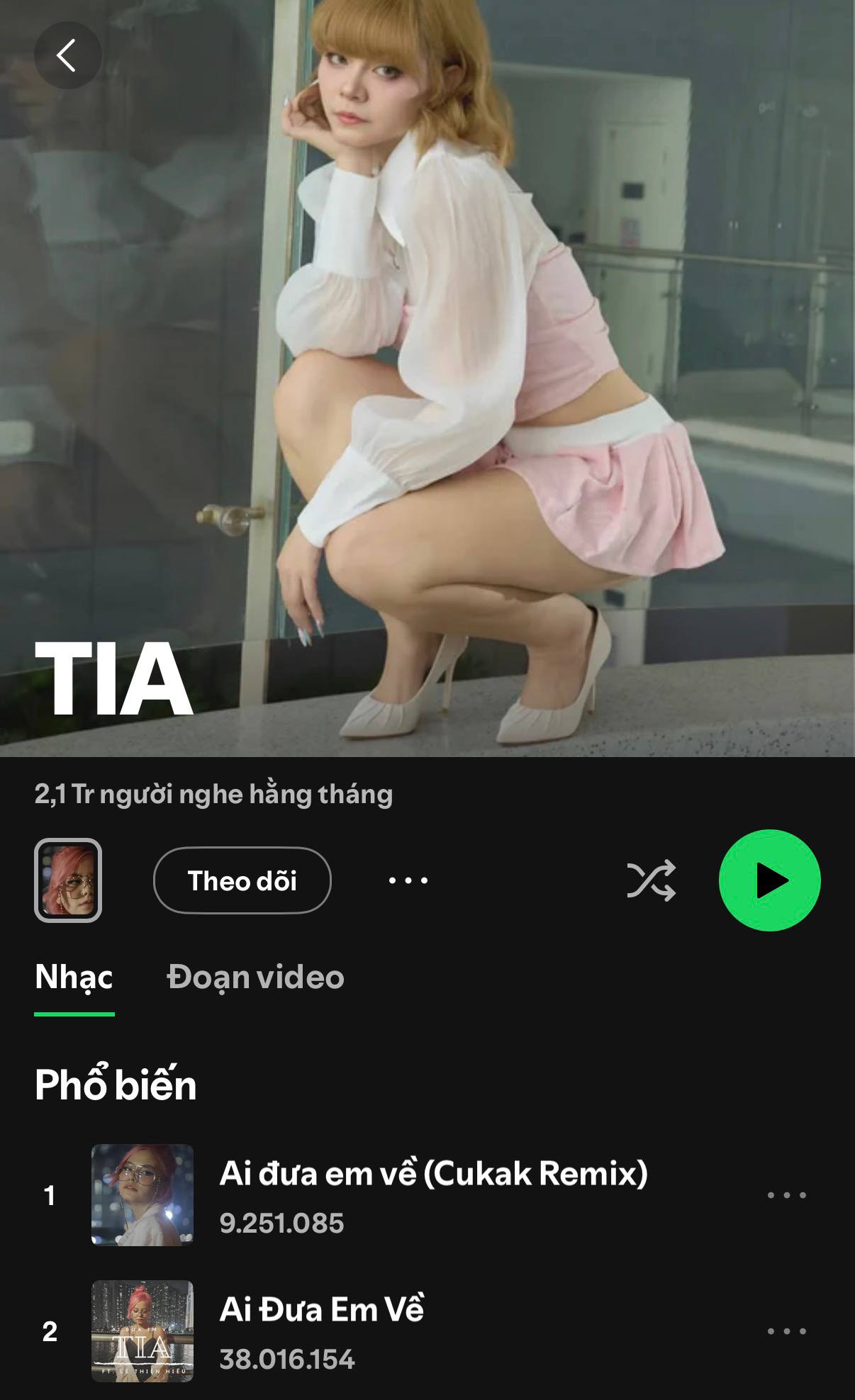 Tính đến ngày 30/4, TiA chính thức cán mốc 2,1 triệu người nghe hàng tháng trên Spotify, trở thành sao nữ Vbiz có lượng monthly listeners cao nhất hiện tại
