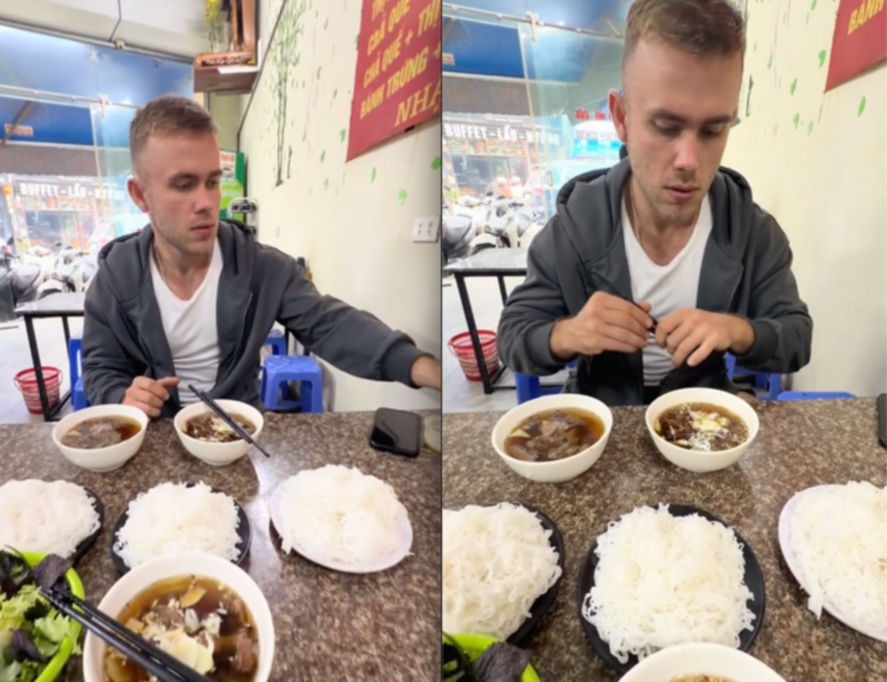 Nữ du khách Pháp lạy chủ quán sau khi ăn được món quá ngon ở Hà Nội