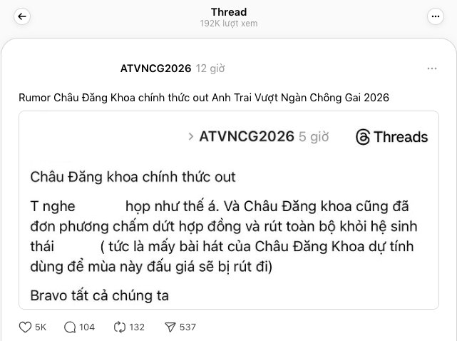 MXH đang lan truyền thông tin Châu Đăng Khoa rút khỏi Anh Trai Vượt Ngàn Chông Gai mùa 2 (ảnh cap màn hình)