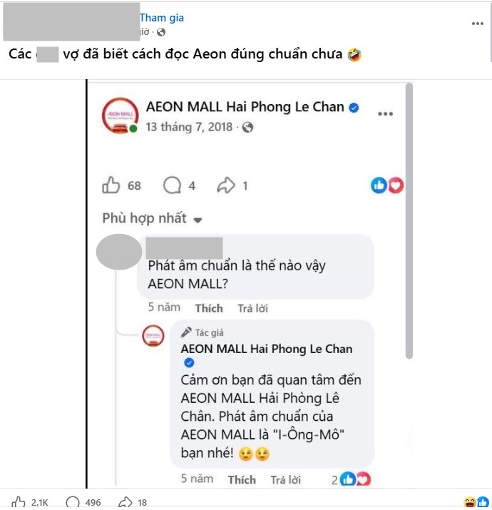 Nhiều người nhận ra mình đã sai ngay từ đầu về cách phát âm AEON Mall khi xem bức hình này. Ảnh chụp màn hình. 
