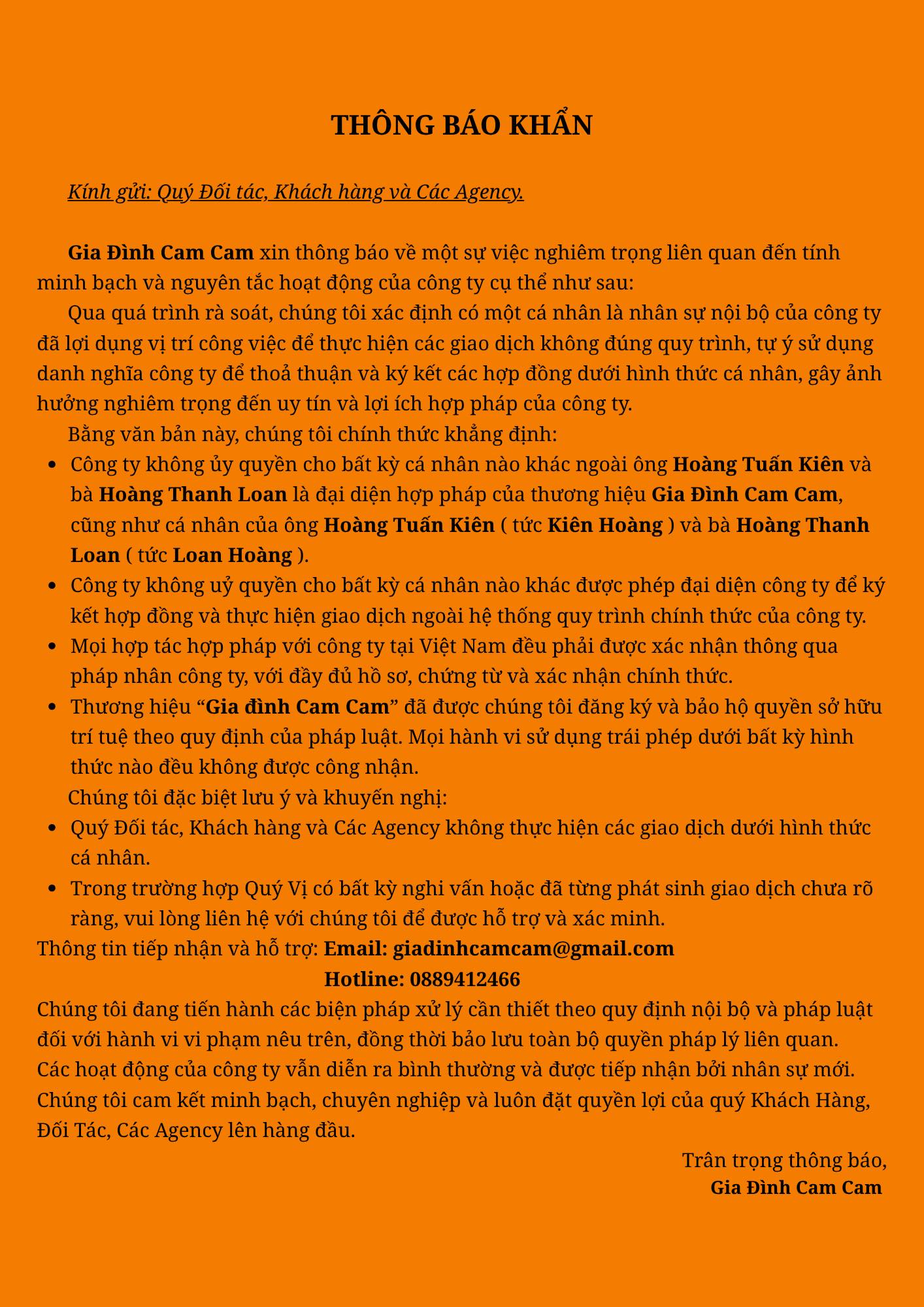 Gia đình Cam Cam thông báo khẩn trên MXH