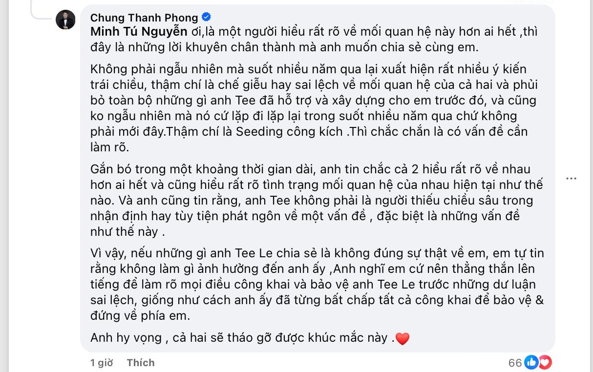 Chia sẻ dài của NTK Chung Thanh Phong bên dưới bài đăng của Tee Le, anh cũng tag thẳng Minh Tú 