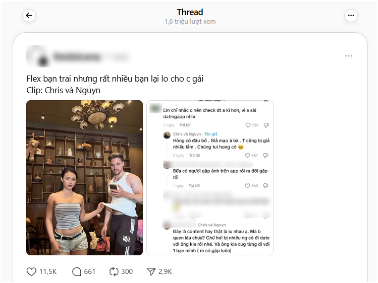 Cặp đôi chia sẻ chuyện tình yêu lên mạng xã hội thì nhận về nhiều phản hồi trái chiều. Ảnh chụp màn hình. 