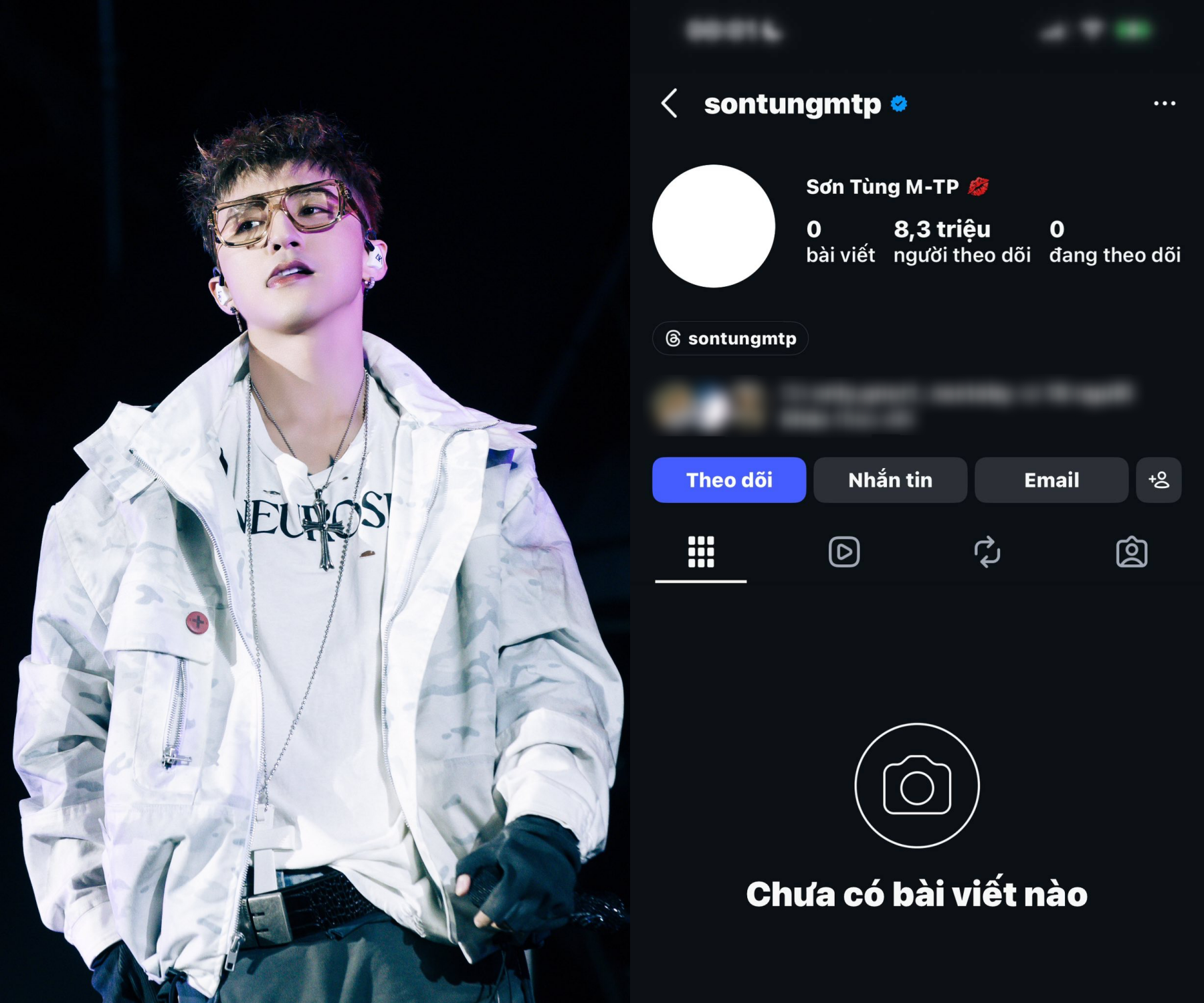 Đúng 0h, tài khoản Instagram sở hữu 8.3 triệu người theo dõi của Sơn Tùng về trạng thái trắng trơn, không còn bất kỳ bài đăng nào xuất hiện trên giao diện cá nhân