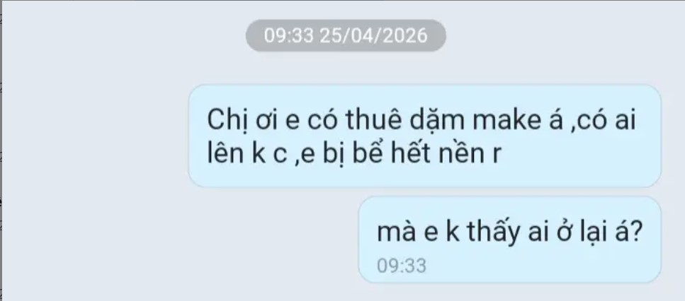 Tin nhắn cô dâu nhắn người take care đến hỗ trợ vào hôm 25/4.