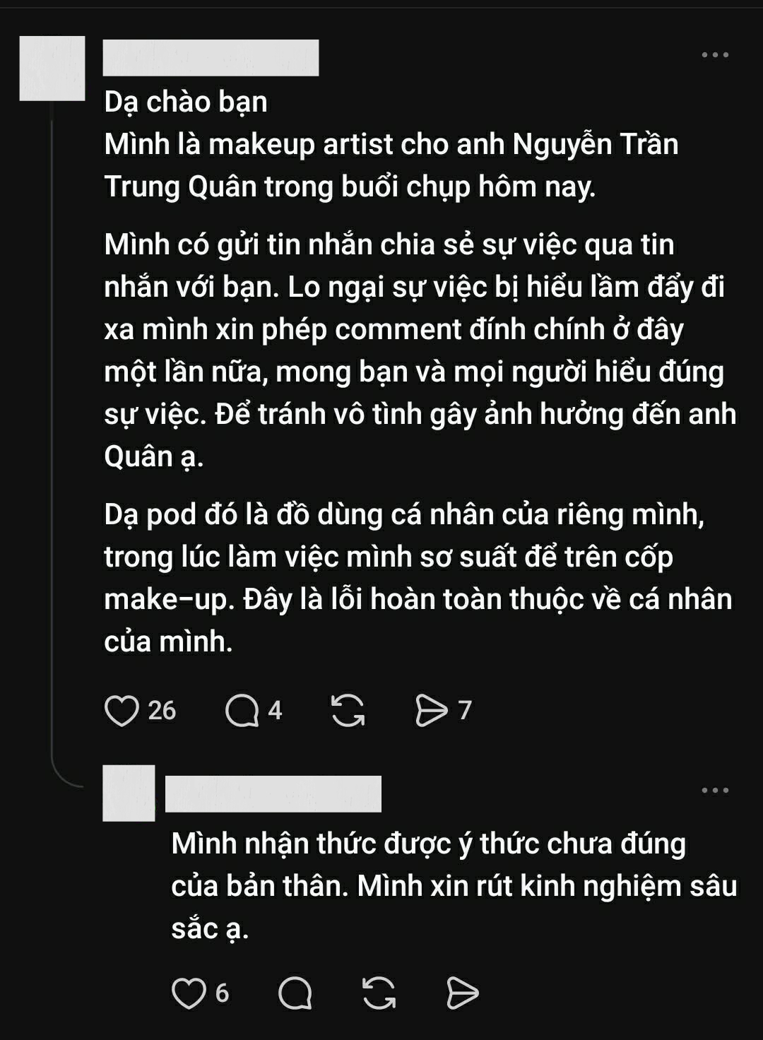 Make up của Nguyễn Trần Trung Quân cũng nhận trách nhiệm về mình