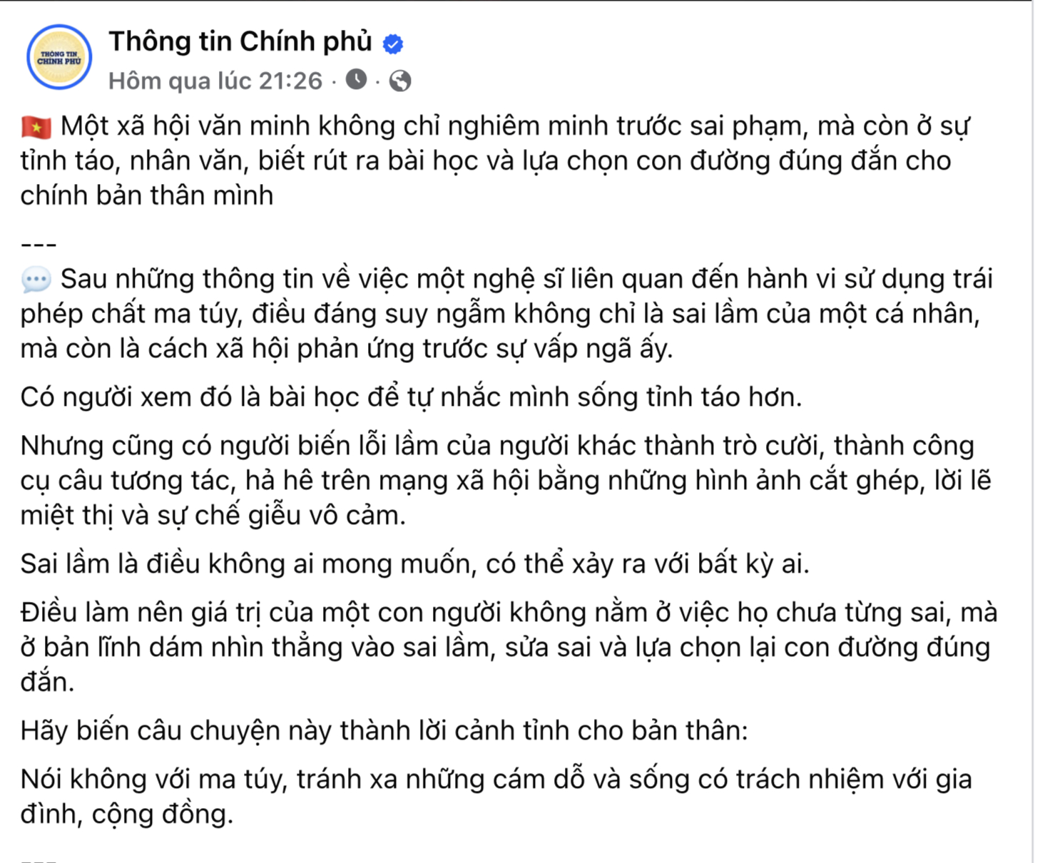 Thông tin Chính phủ dẫn lại 1 đoạn trong bài viết của Phi Thanh Vân và nêu quan điểm về việc lấy cú ngã của người khác để miệt thị, chế giễu 