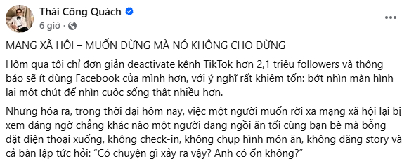 Thái Công đăng tải các bài viết giải thích về lý do ẩn các bài đăng, vô hiệu hoá tài khoản MXH của mình