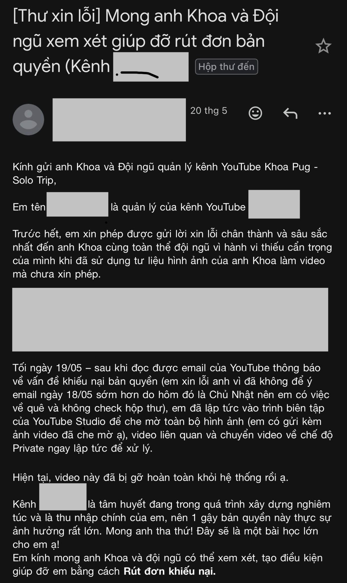   Phản hồi từ một kênh YouTube sau khi phía Khoa Pug khiếu nại bản quyền (Ảnh: FBNV)  