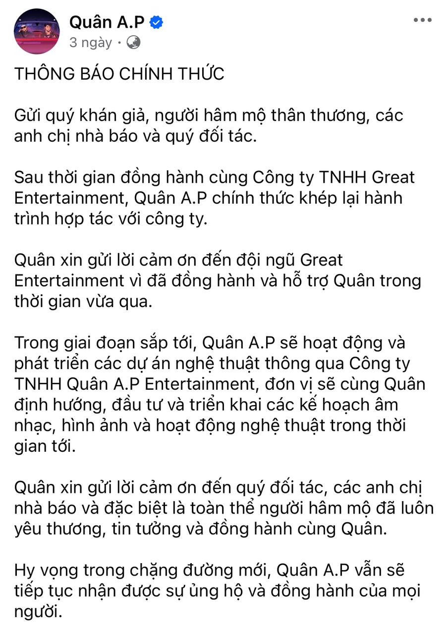 Quân A.P thông báo rời công ty cũ sau nhiều năm đồng hành