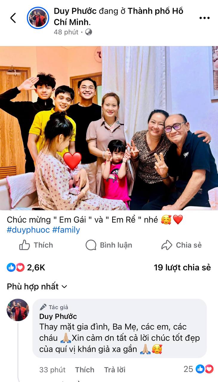 Duy Phước thông báo gia đình em gái đã chào đón thành viên mới