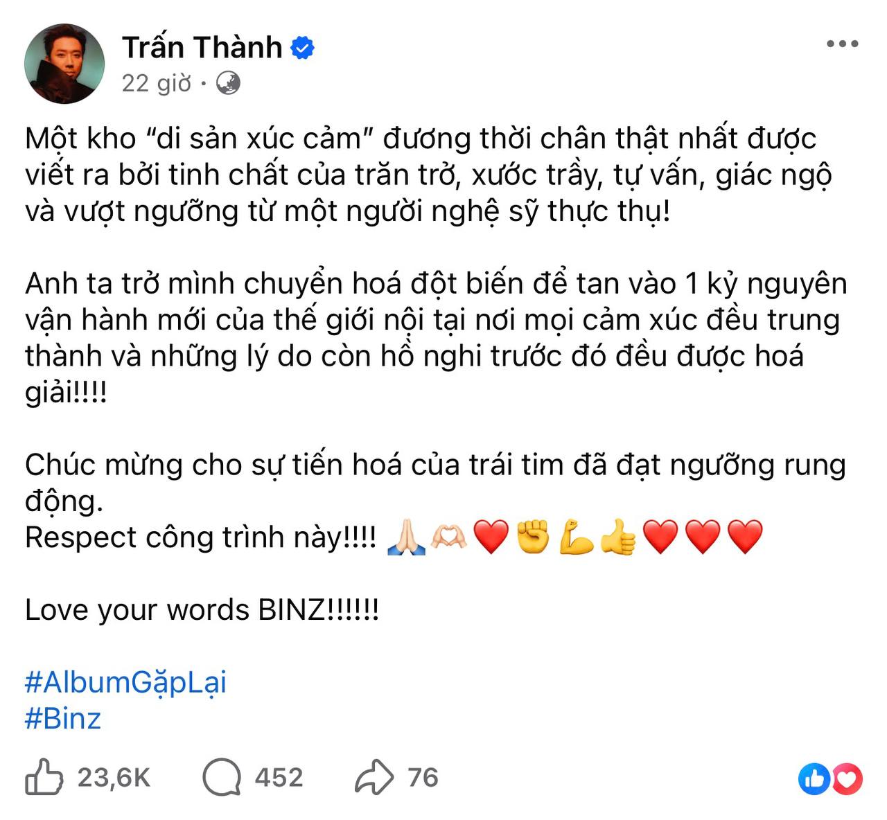 Status ủng hộ Binz nhưng điều được nhắc đến nhiều là cách sử dụng tiếng Việt của Trấn Thành.