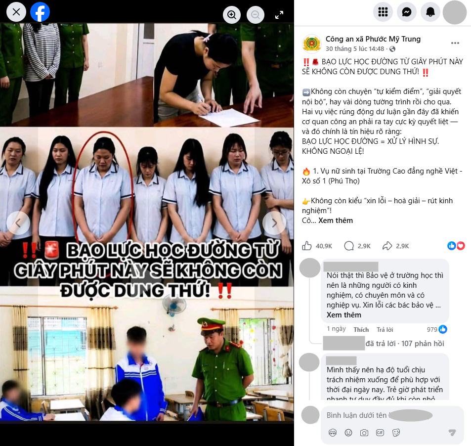 Bài đăng cảnh báo từ Công an xã Phước Mỹ Trung (Ảnh chụp màn hình)