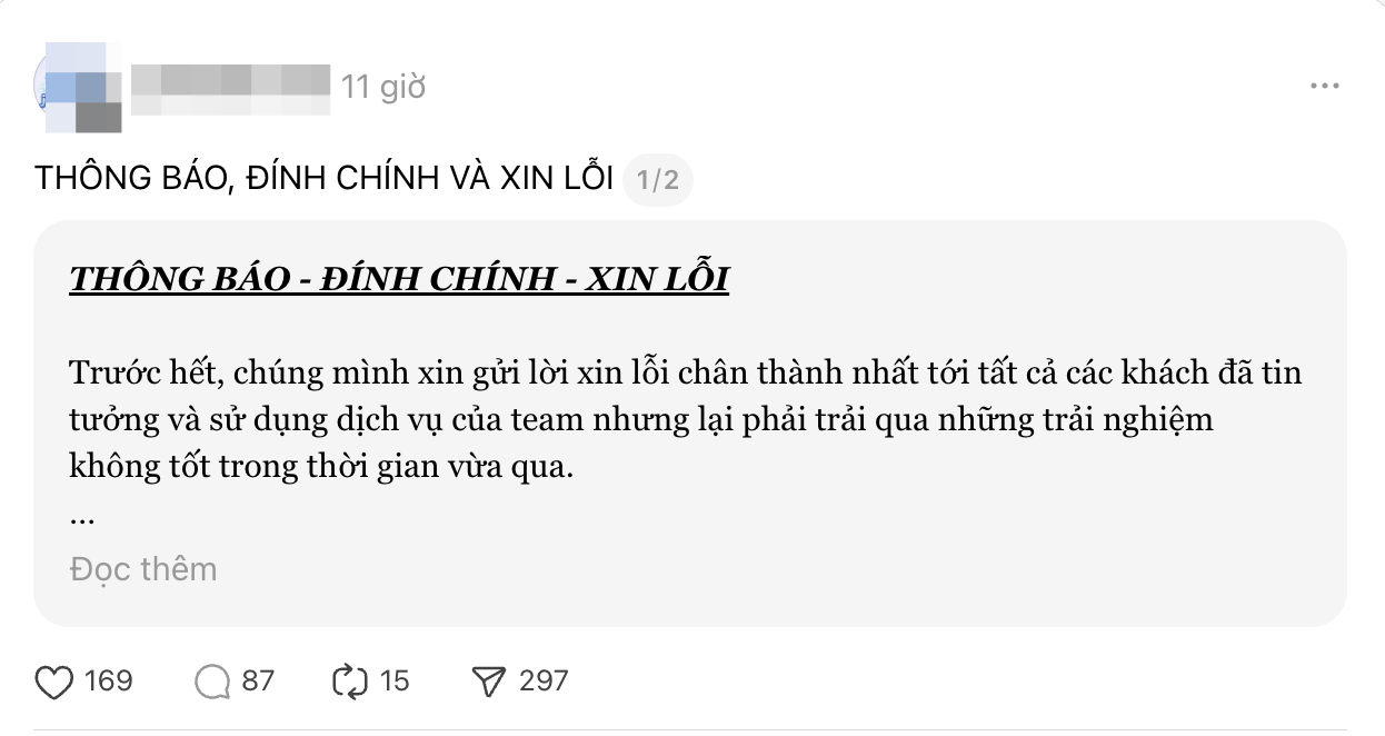 Fanpage đăng tải bài đăng dài để đính chính và xin lỗi về sự việc
