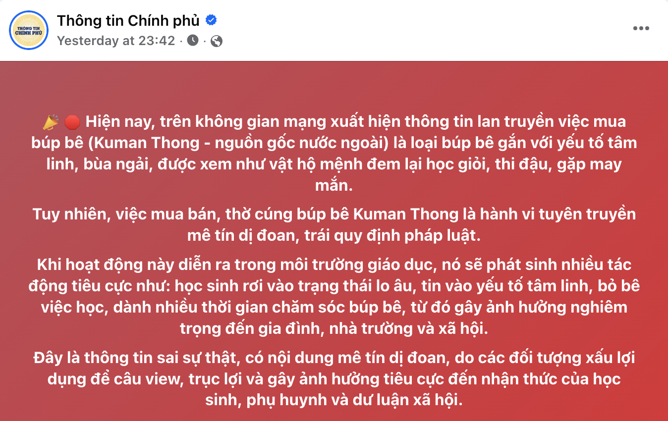Fanpage Thông tin Chính phủ đăng cảnh báo lúc nửa đêm (Ảnh chụp màn hình)