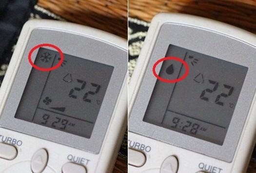 Phân biệt chế độ Cool (hình bông tuyết) và chế độ Dry (hình giọt nước)