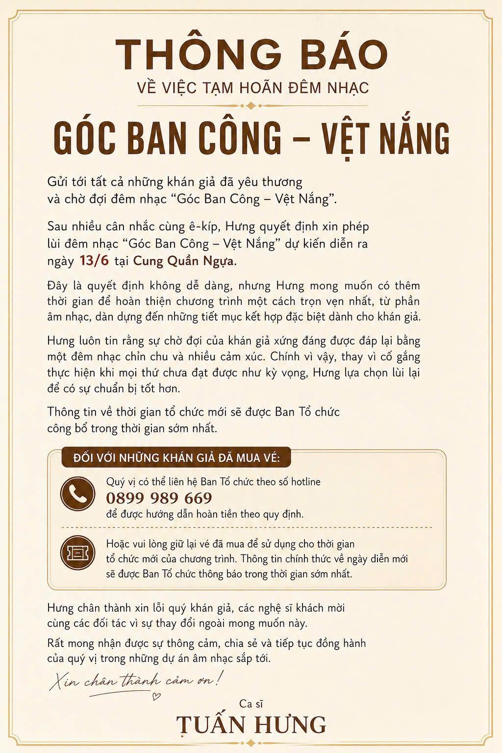 Tuấn Hưng thông báo hoãn show