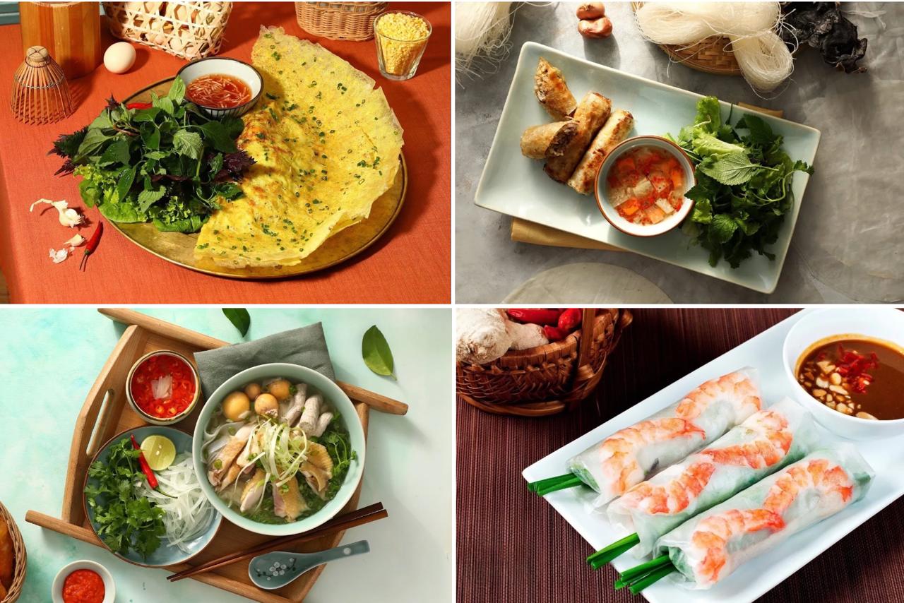 Một số món ăn Việt được phục vụ trong bữa ăn của Thủ tướng như phở gà, bánh xèo, gỏi cuốn tôm thịt... Ảnh: Ngon Garden