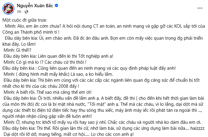 Bài đăng trên trang cá nhân của NSND Xuân Bắc
