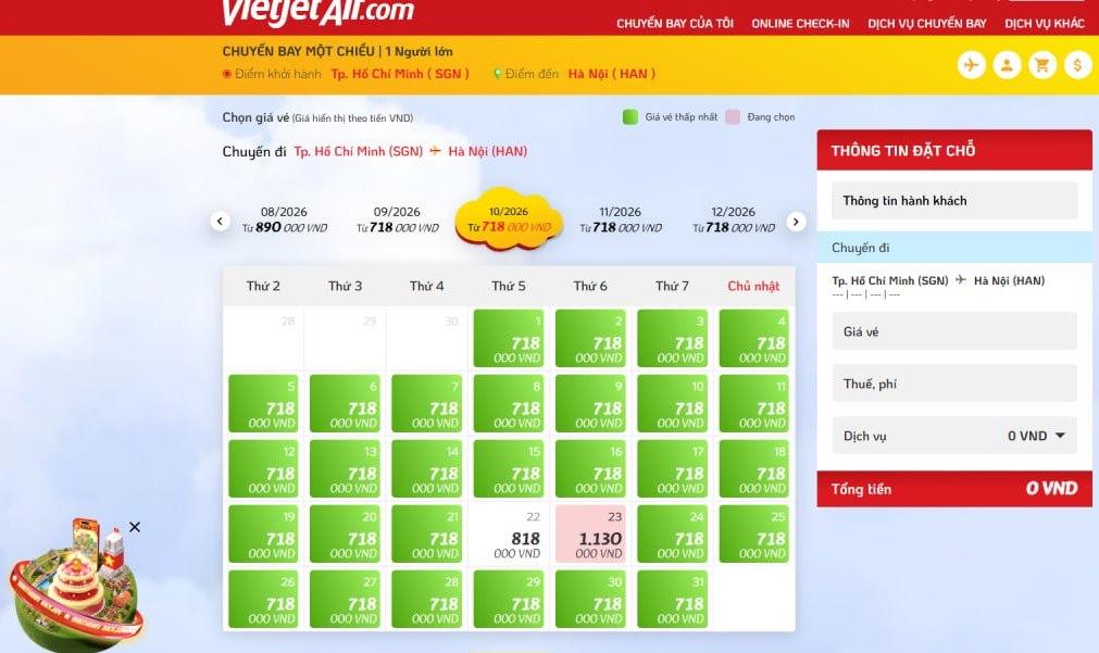 Trên website Vietjet Air, vé hạng Eco cho chuyến bay chiều 23/10 từ TP.HCM ra Hà Nội nhanh chóng tăng từ 390.000 đồng lên 1.130.000 đồng (chưa thuế phí)