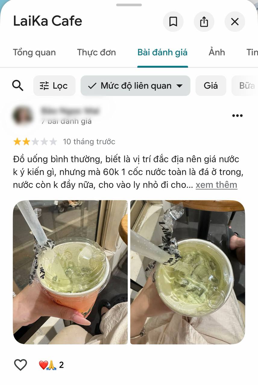 Trước khi đóng cửa, Laika đường Thanh Niên nhận nhiều đánh giá 1 sao về thái độ phục vụ và chất lượng đồ uống