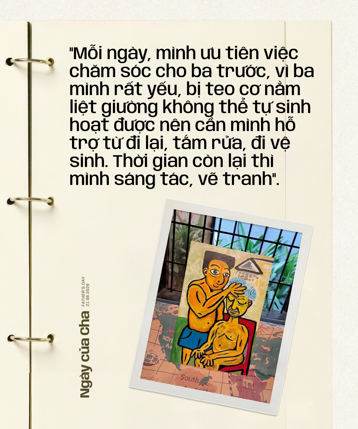 Bức tranh Khoa Văn vẽ lại cảnh mình đang tắm rửa, gội đầu cho ba
