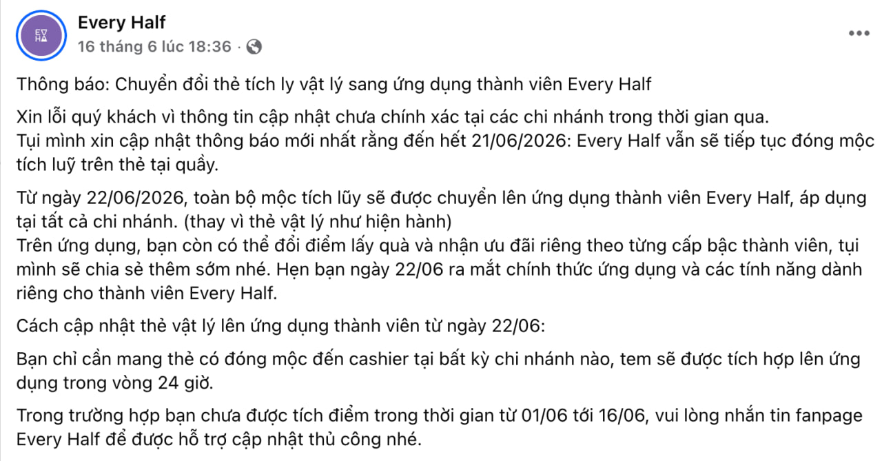 Every Half chính thức lên tiếng sau tranh cãi dừng thẻ tích điểm giấy và yêu cầu khách tải app