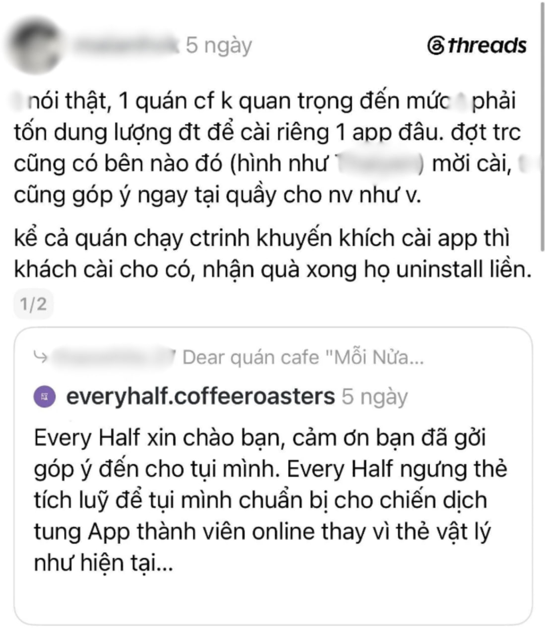 Every Half chính thức lên tiếng sau tranh cãi dừng thẻ tích điểm giấy và yêu cầu khách tải app