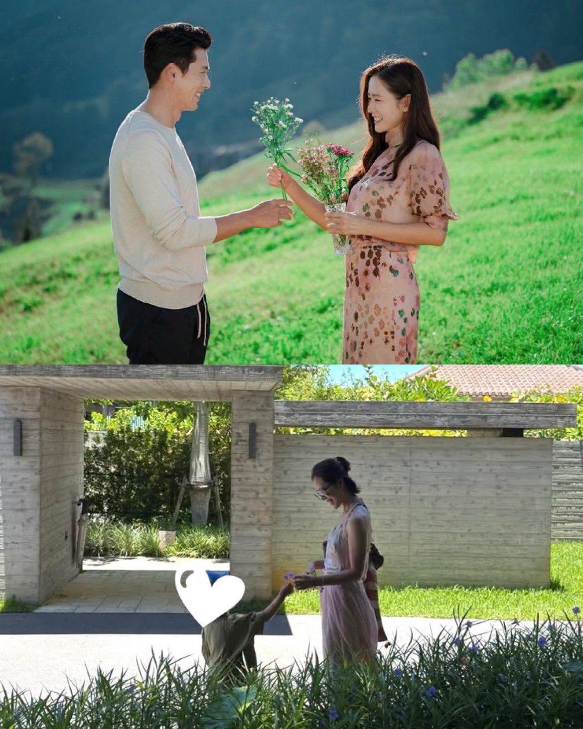 Con trai 3 tuổi tái hiện lại hình ảnh Hyun Bin tặng hoa cho Son Ye Jin, khiến cộng đồng mạng dậy sóng. Ảnh: X