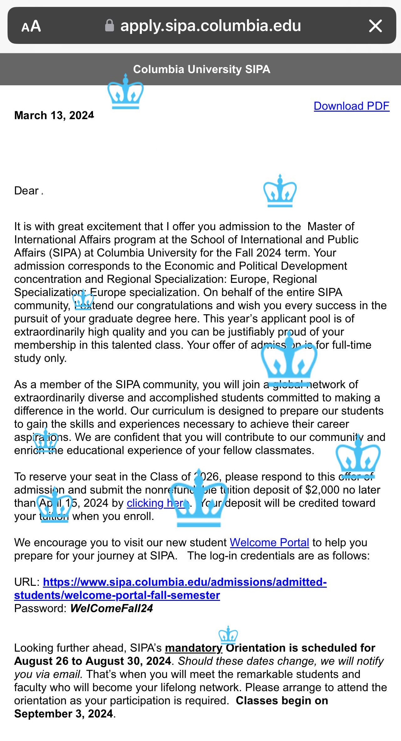 Ảnh chụp màn hình một Thư mời nhập học (Admission Letter) của Trường Công vụ và Quốc tế (SIPA) thuộc Đại học Columbia (Columbia University), Mỹ. (Nguồn:@Efficient-Avocado-13)