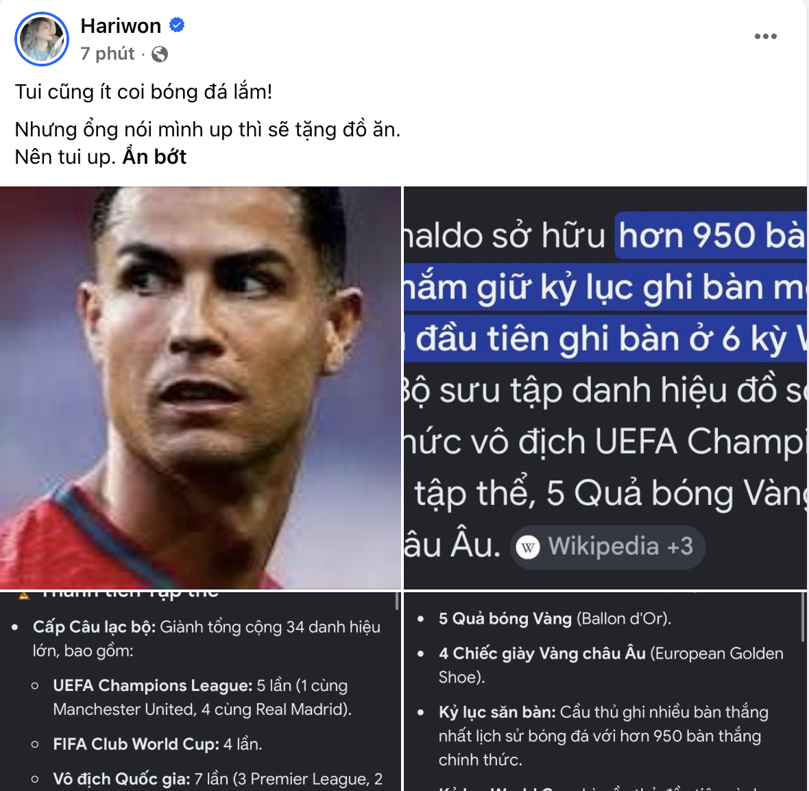 Ngay lập tức Hari Won liền đăng ảnh Ronaldo lên trang cá nhân