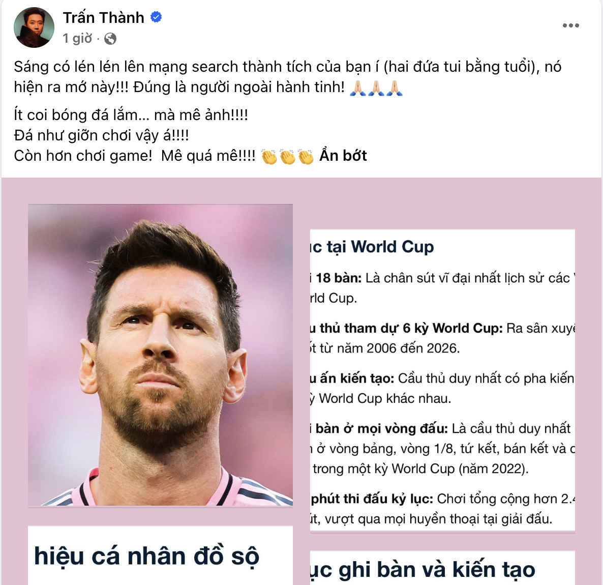 Trấn Thành bày tỏ sự ngưỡng mộ với Messi