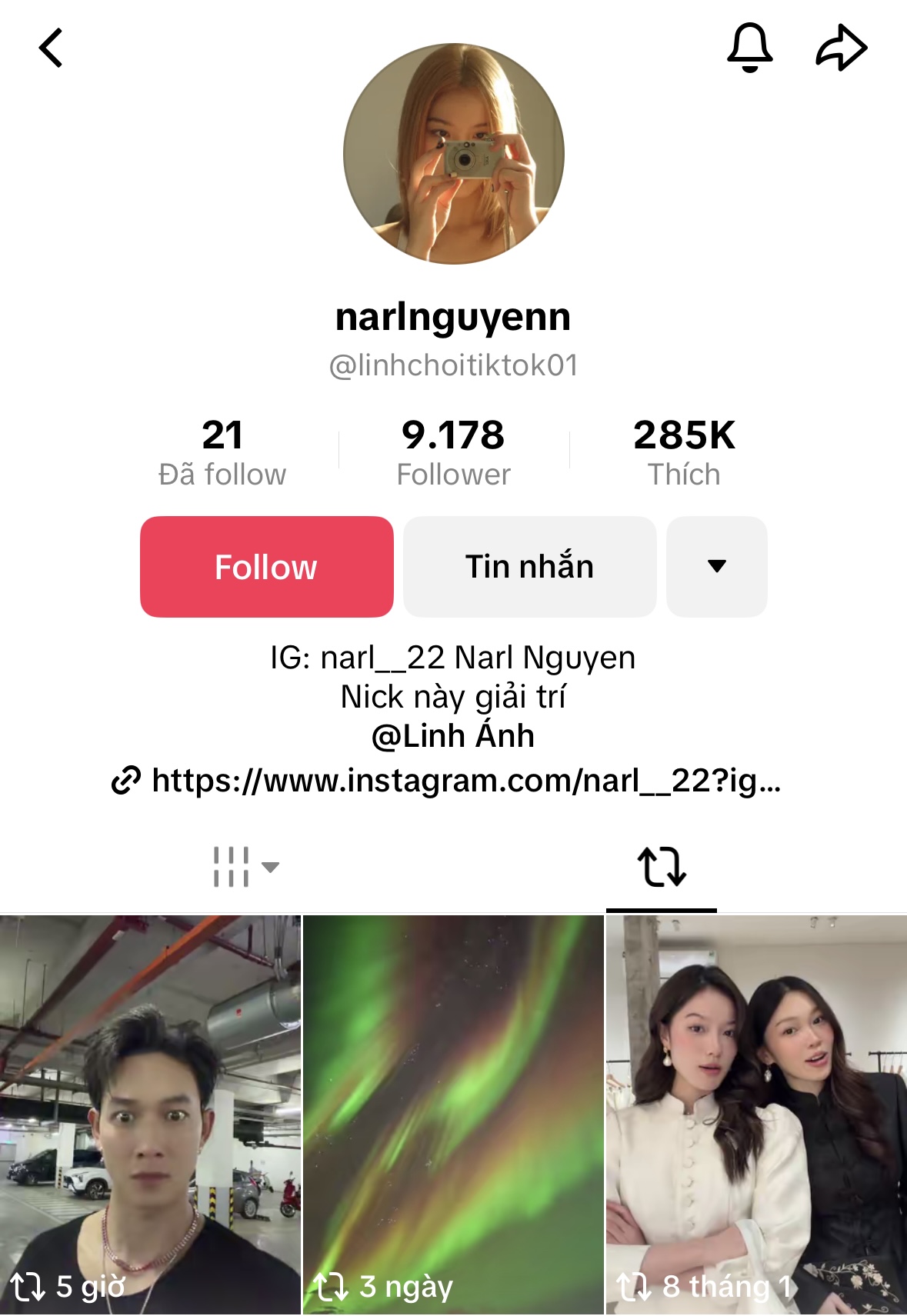 Không chỉ follow và tương tác trên mạng xã hội, Narl Nguyễn và Song Luân còn công khai đăng lại những đoạn clip của đối phương