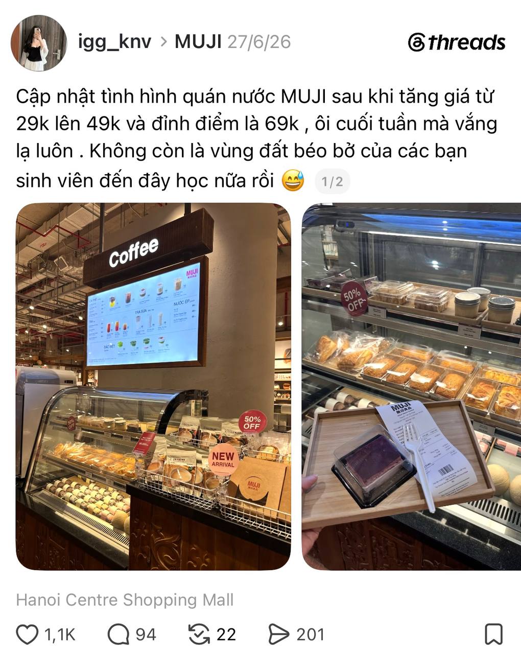 Một bài đăng cho biết MUJI đã âm thầm điều chỉnh giá đồ uống mà không có bất kỳ thông báo nào tới khách hàng.